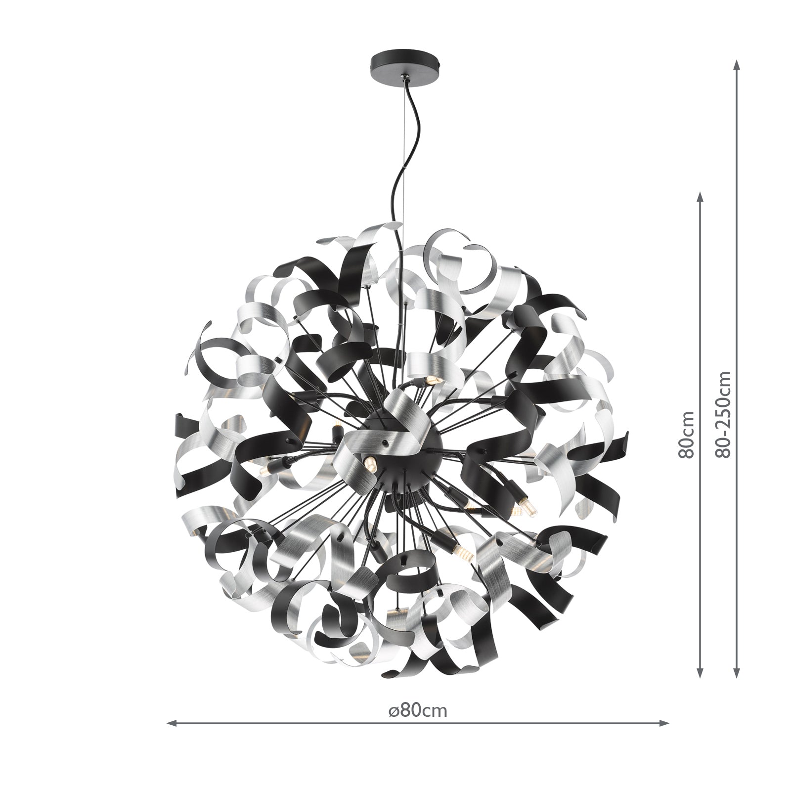 Swash 12 Light Pendant Black With Black & Aluminium Ribbons