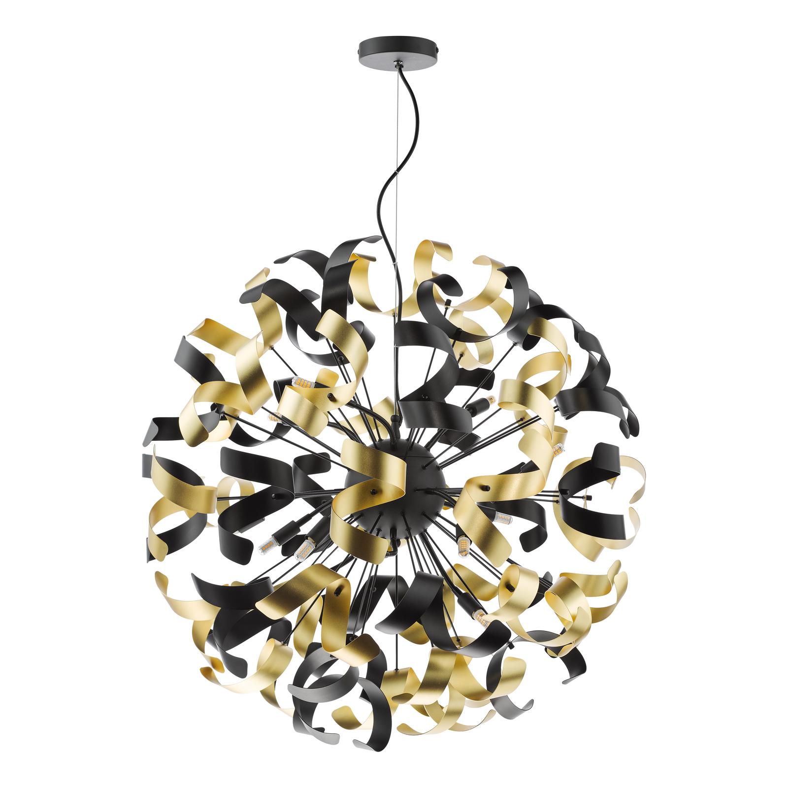 Swash 12 Light Pendant Black With Black & Gold Ribbons
