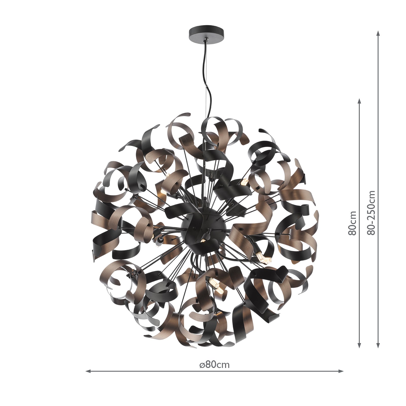 Swash 12 Light Pendant Black With Copper Ribbons