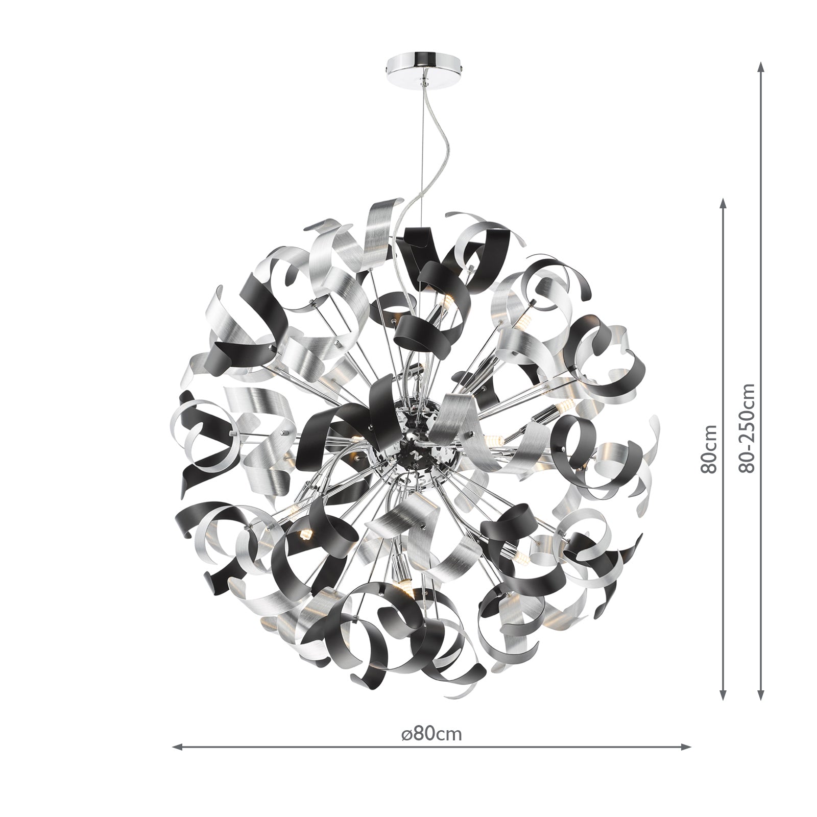 Swash 12 Light Pendant Polished Chrome With Black & Aluminium Ribbons