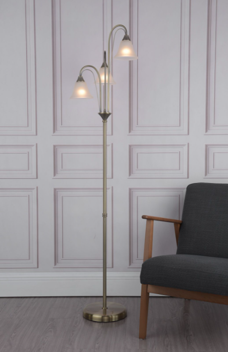 Boston 3 Light Floor Lamp Antique Brass Opaque Glass