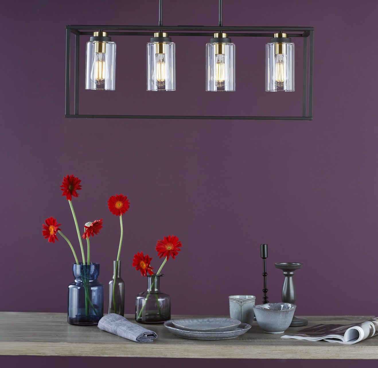 Abel 4 Light Bar Pendant Satin Black and Glass