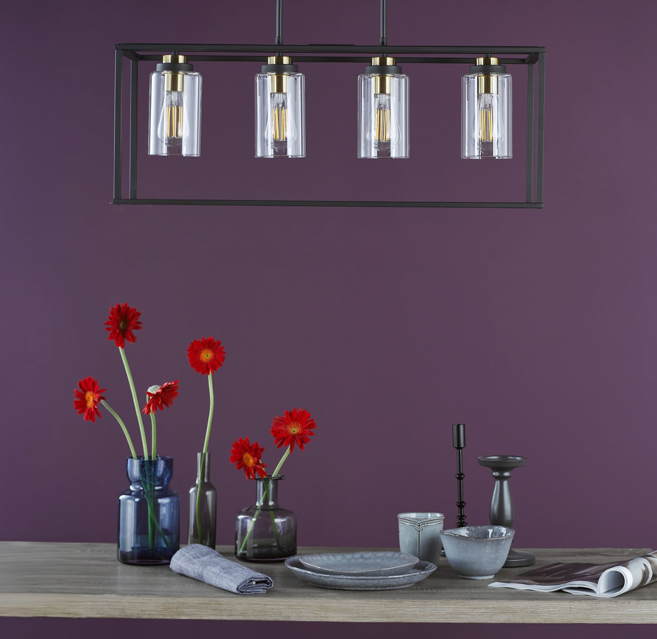 Abel 4 Light Bar Pendant Satin Black and Glass