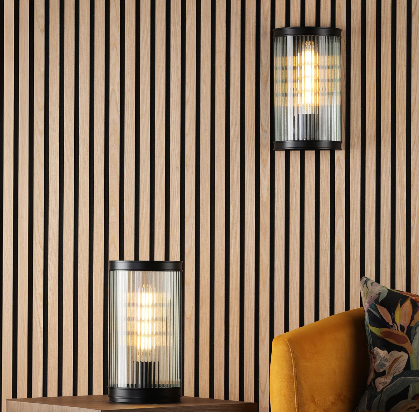 Bianka Wall Light Matt Black and Ribbed Glass