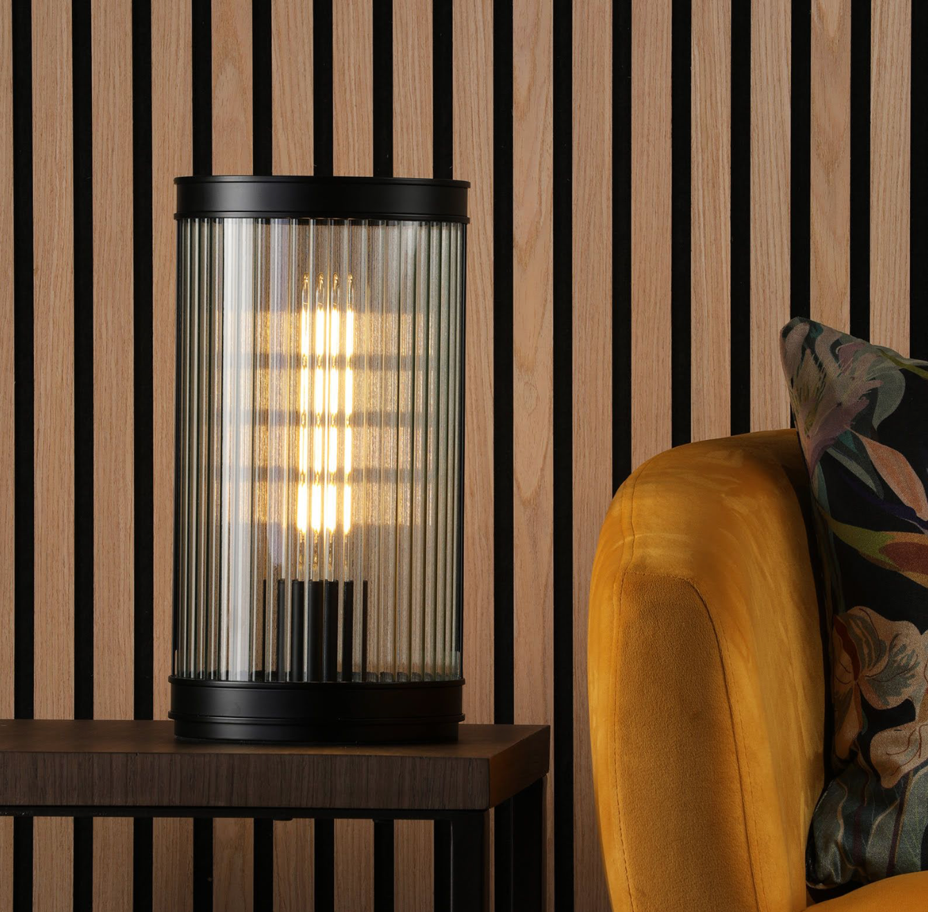 Bianka Table Lamp Matt Black and Ribbed Glass