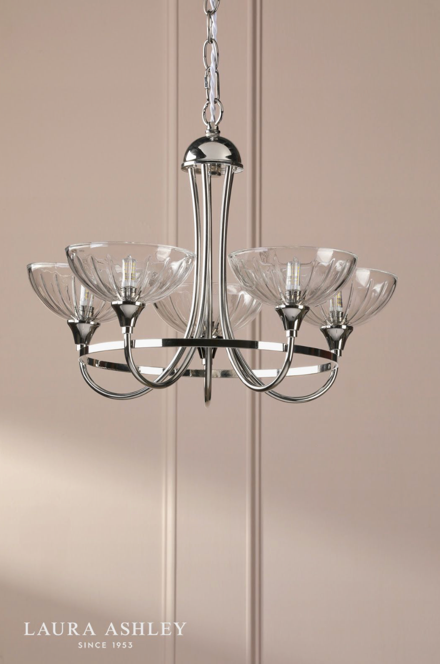 Laura Ashley Wellham 5 Light Armed Pendant Polished Nickel and Ribbed Glass