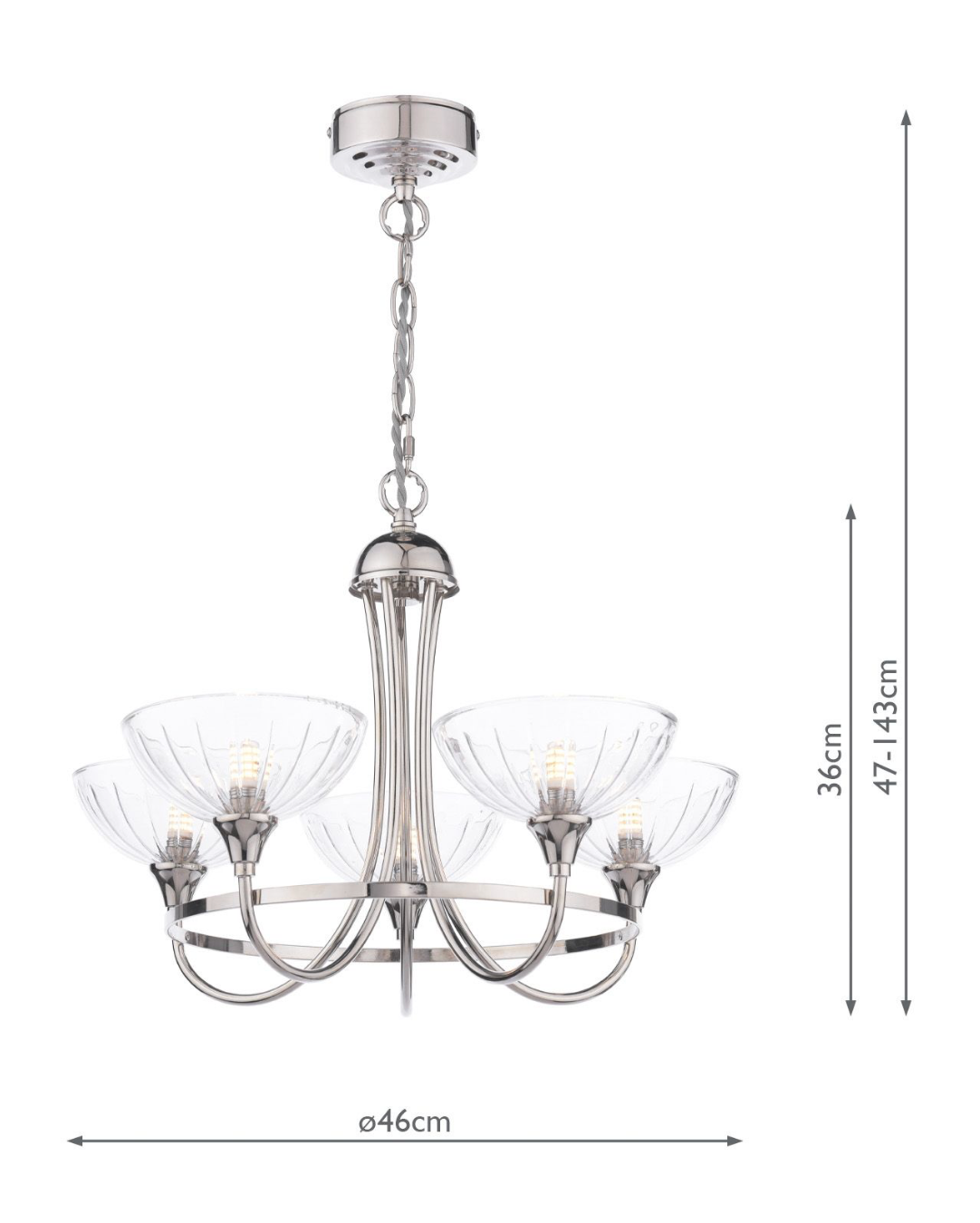 Laura Ashley Wellham 5 Light Armed Pendant Polished Nickel and Ribbed Glass