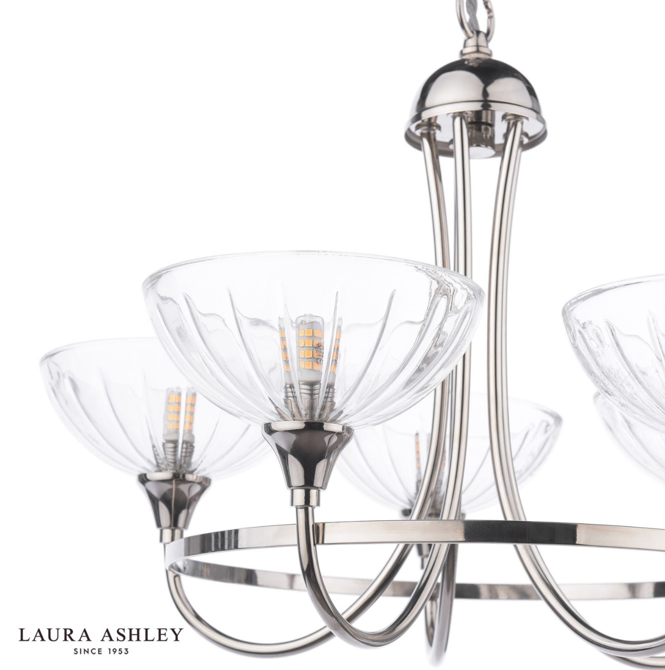 Laura Ashley Wellham 5 Light Armed Pendant Polished Nickel and Ribbed Glass