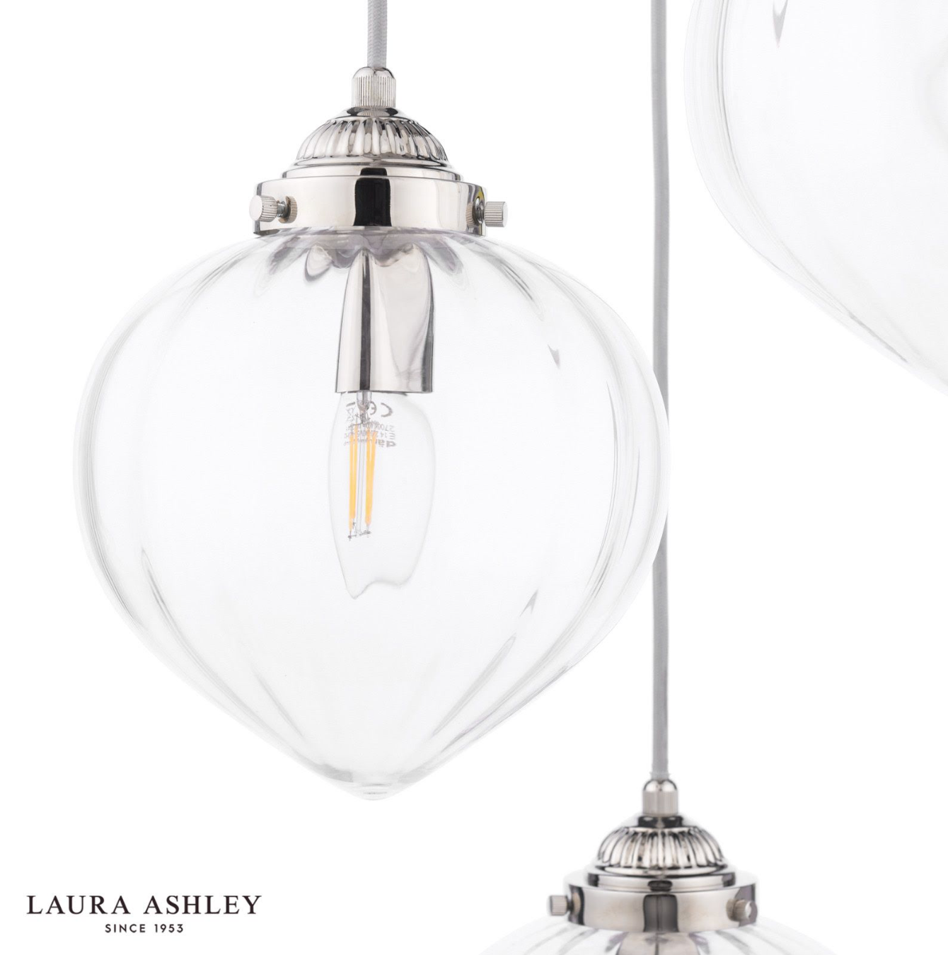 Laura Ashley Whitham 3 Light Cluster Pendant Polished Nickel and Ribbed Glass