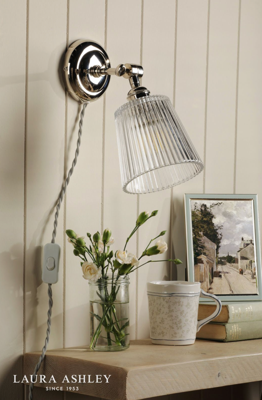 Laura Ashley Callaghan Plugged Wall Light Polished Nickel and Ribbed Glass