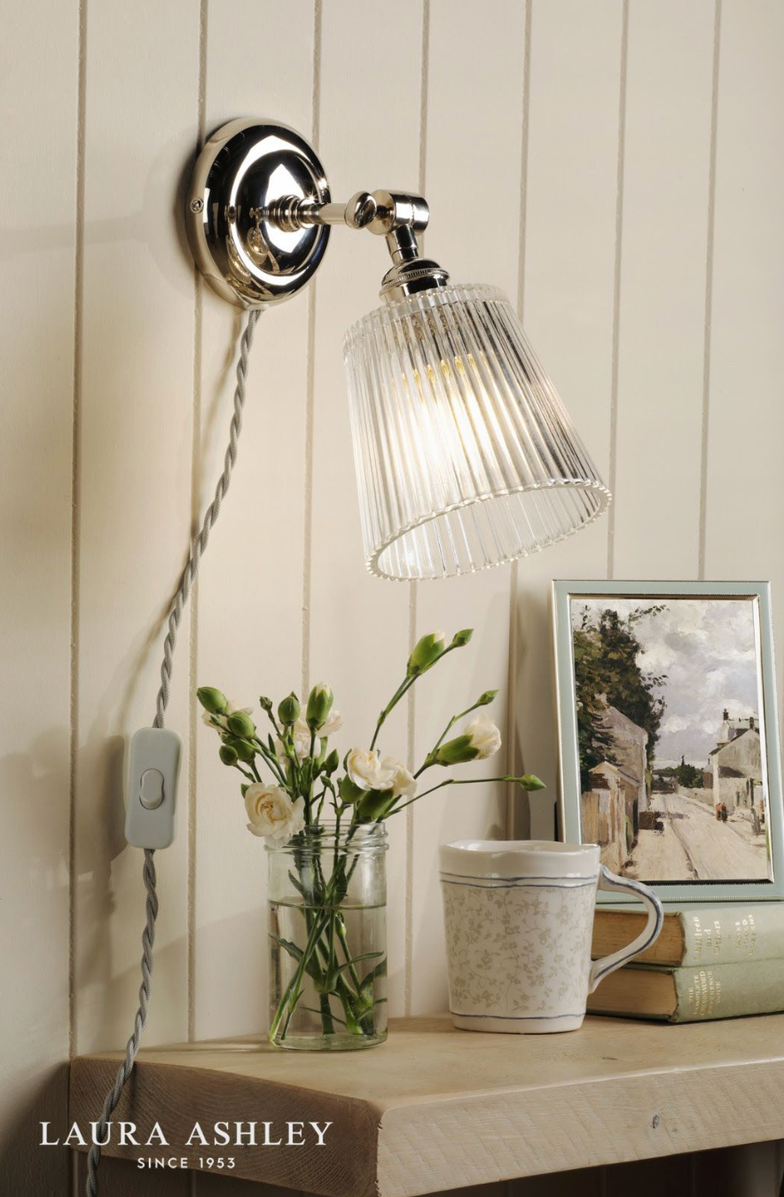 Laura Ashley Callaghan Plugged Wall Light Polished Nickel and Ribbed Glass