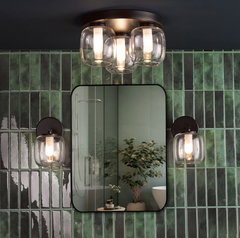Edaline 3 Light Bathroom Flush Light Matt Black and Glass IP44