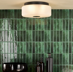 Twyman 3 Light Flush Satin Black and White Ribbed Glass IP44