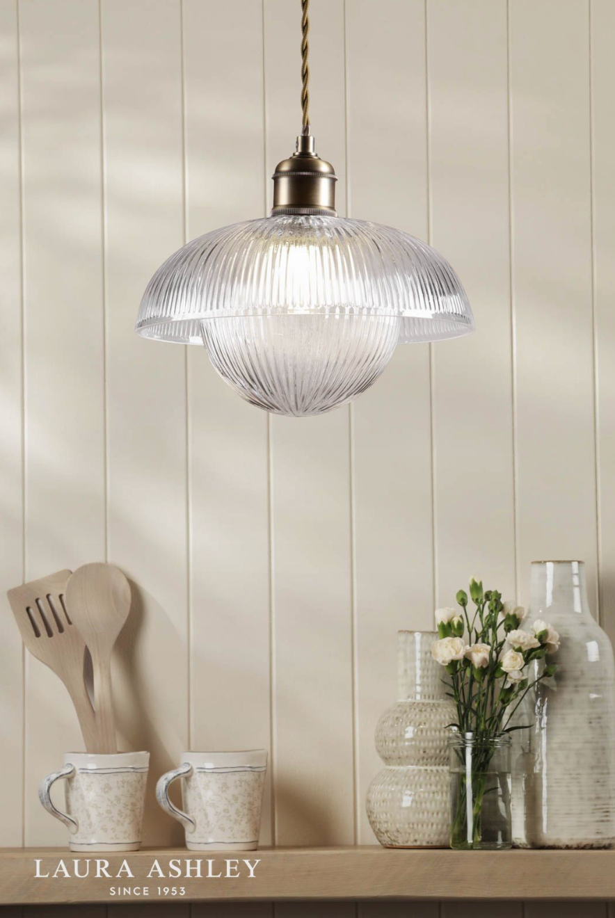 Laura Ashley Billham Pendant Matt Antique Brass and Ribbed Glass