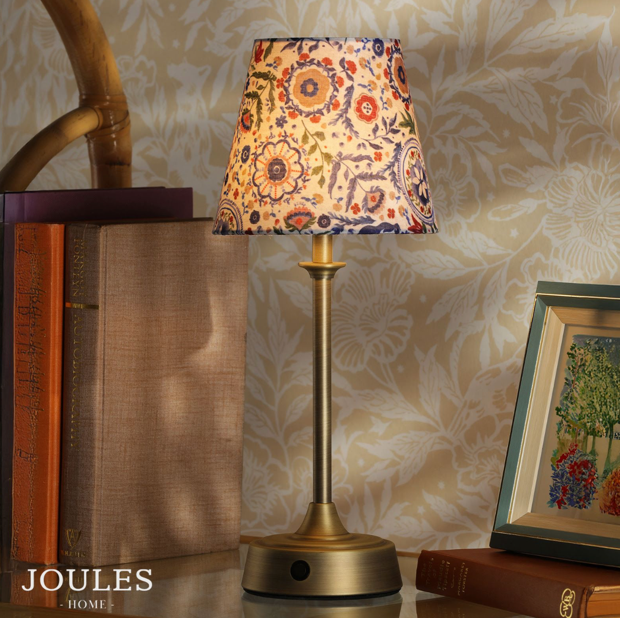 Joules Apsley Rechargeable Table Lamp Matt Antique Brass With Multi Coloured Shade LED