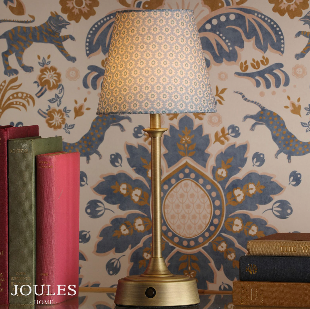 Joules Apsley Rechargeable Table Lamp Matt Antique Brass With Blue Shade LED