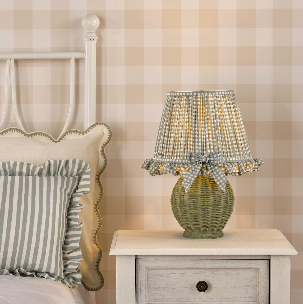 Omer Table Lamp Matt Green and Antique Brass With Shade