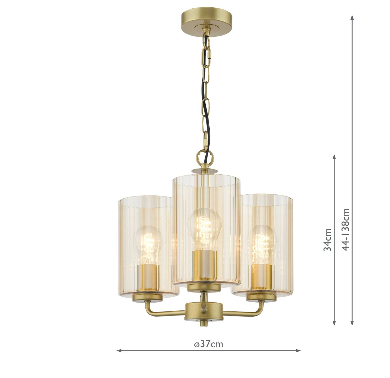 Daylin 3 Light Pendant Satin Gold and Amber Ribbed Glass