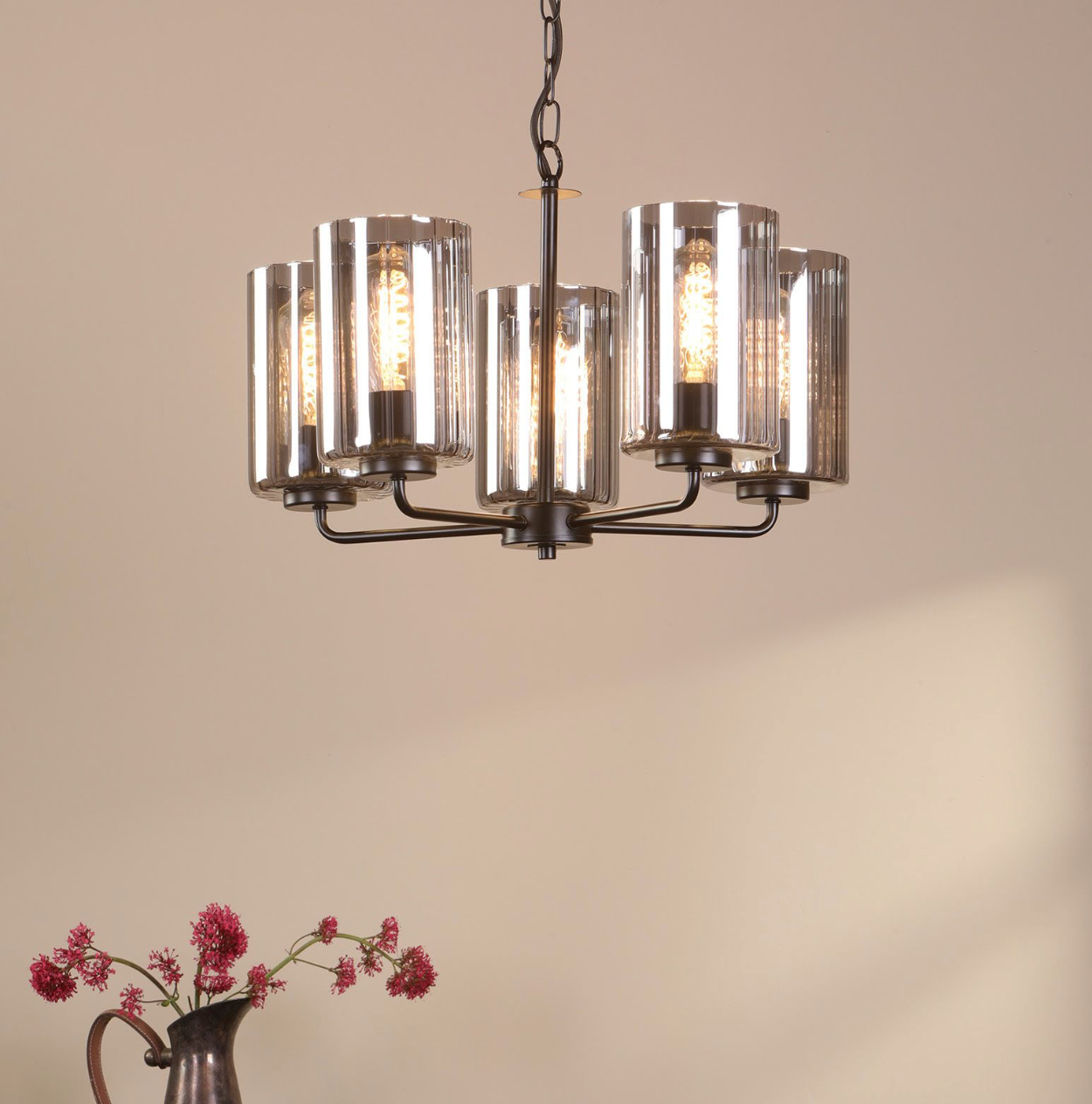 Daylin 5 Light Pendant Satin Black and Smoked Ribbed Glass