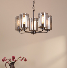 Daylin 5 Light Pendant Satin Black and Smoked Ribbed Glass
