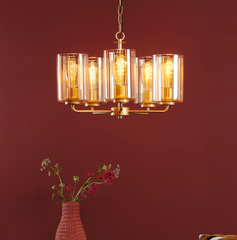 Daylin 5 Light Pendant Satin Gold and Amber Ribbed Glass