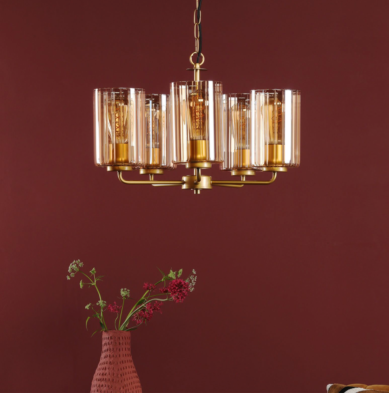 Daylin 5 Light Pendant Satin Gold and Amber Ribbed Glass