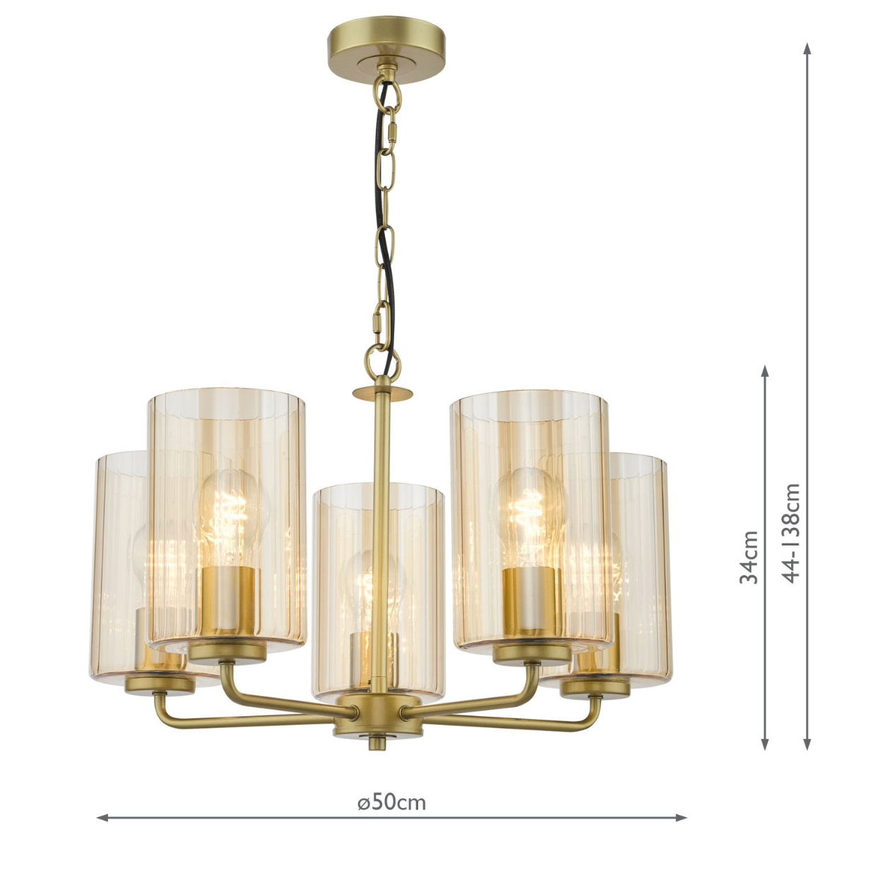 Daylin 5 Light Pendant Satin Gold and Amber Ribbed Glass