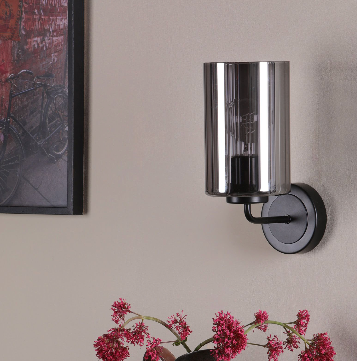 Daylin Wall Light Satin Black and Smoked Ribbed Glass