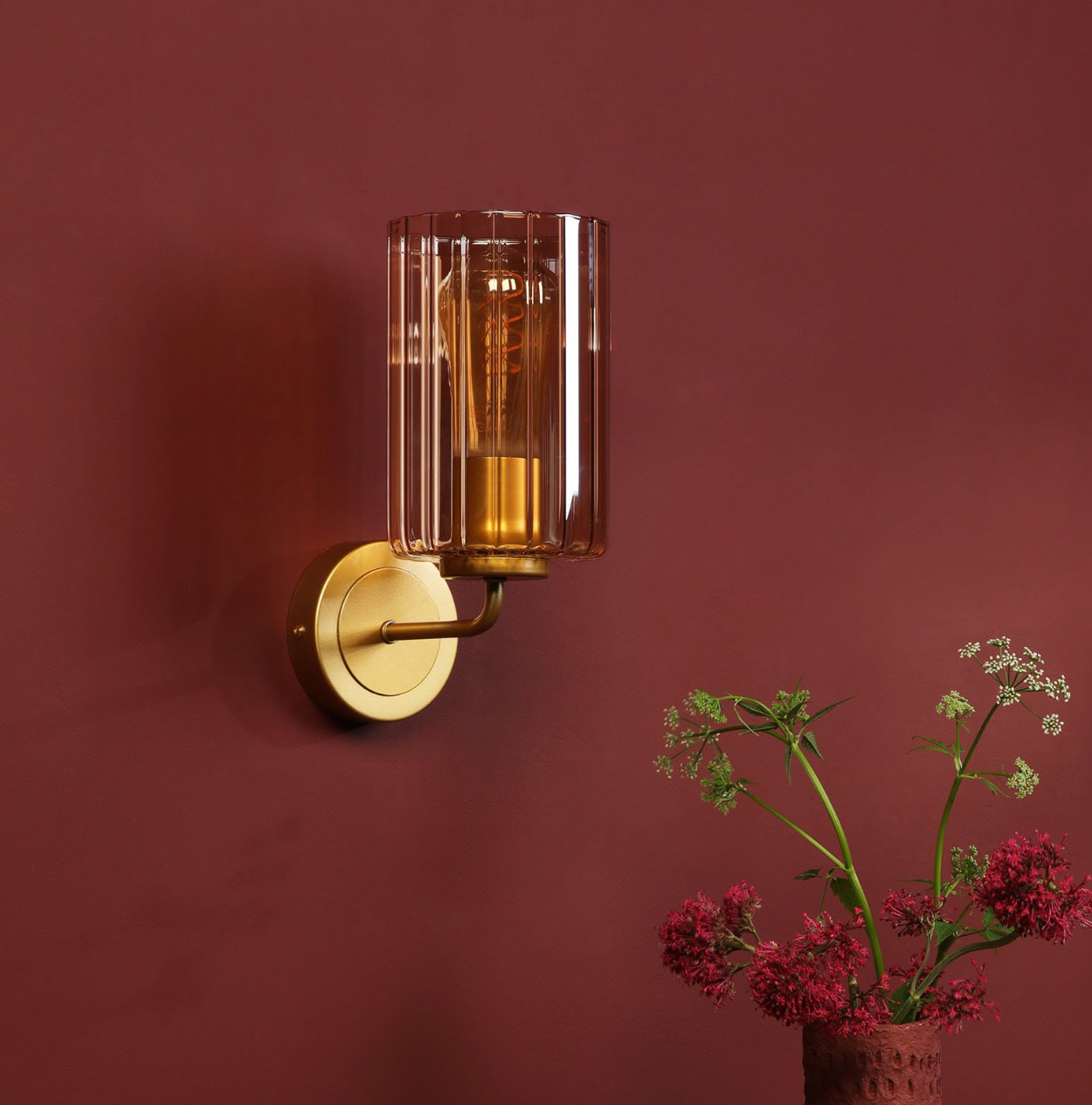 Daylin Wall Light Satin Gold and Amber Ribbed Glass