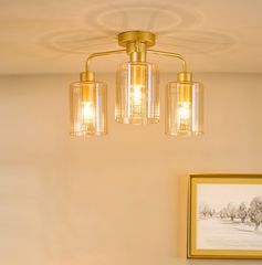 Daylin 3 Light Semi-Flush Satin Gold and Amber Ribbed Glass
