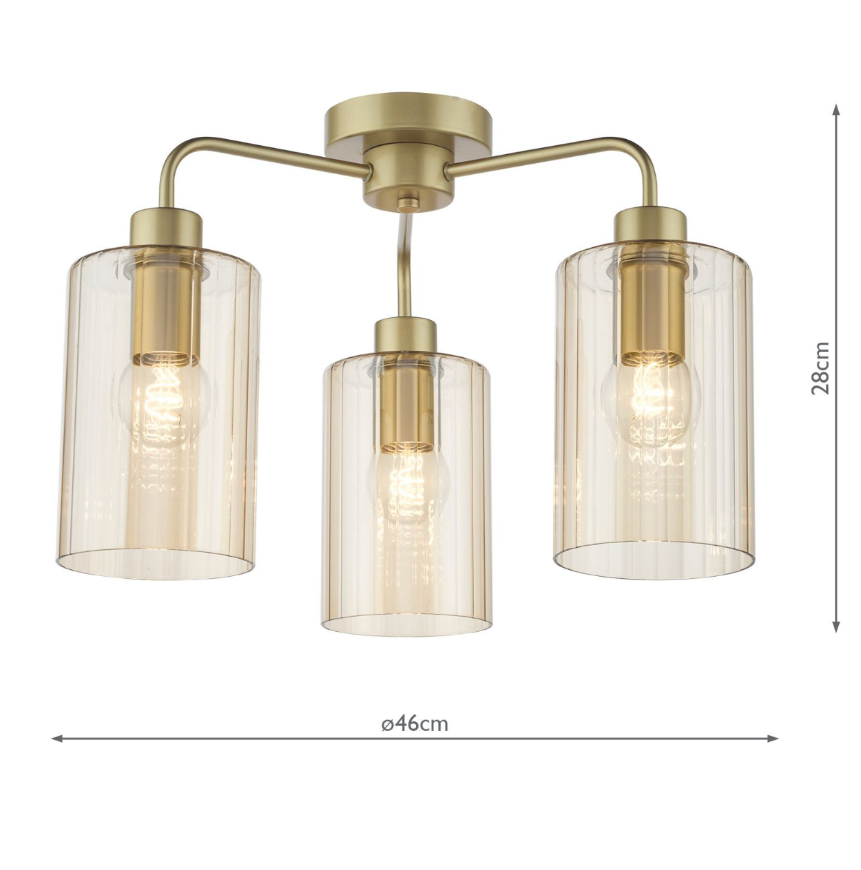 Daylin 3 Light Semi-Flush Satin Gold and Amber Ribbed Glass