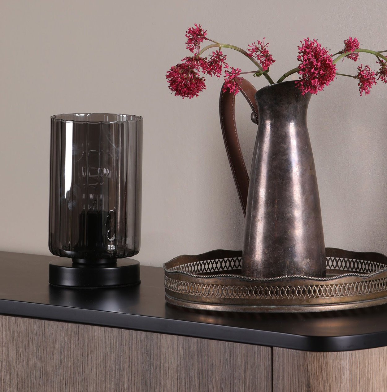 Daylin Table Lamp Satin Black and Smoked Ribbed Glass