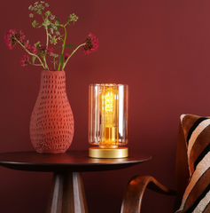 Daylin Table Lamp Satin Gold and Amber Ribbed Glass
