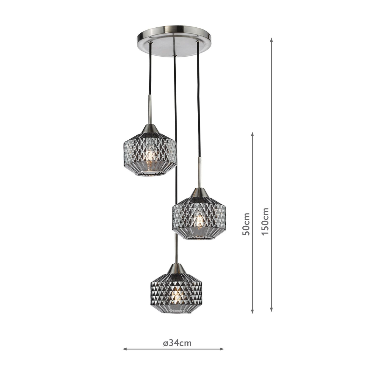 Fabrienne 3 Light Cluster Pendant Satin Nickel and Smoked Glass