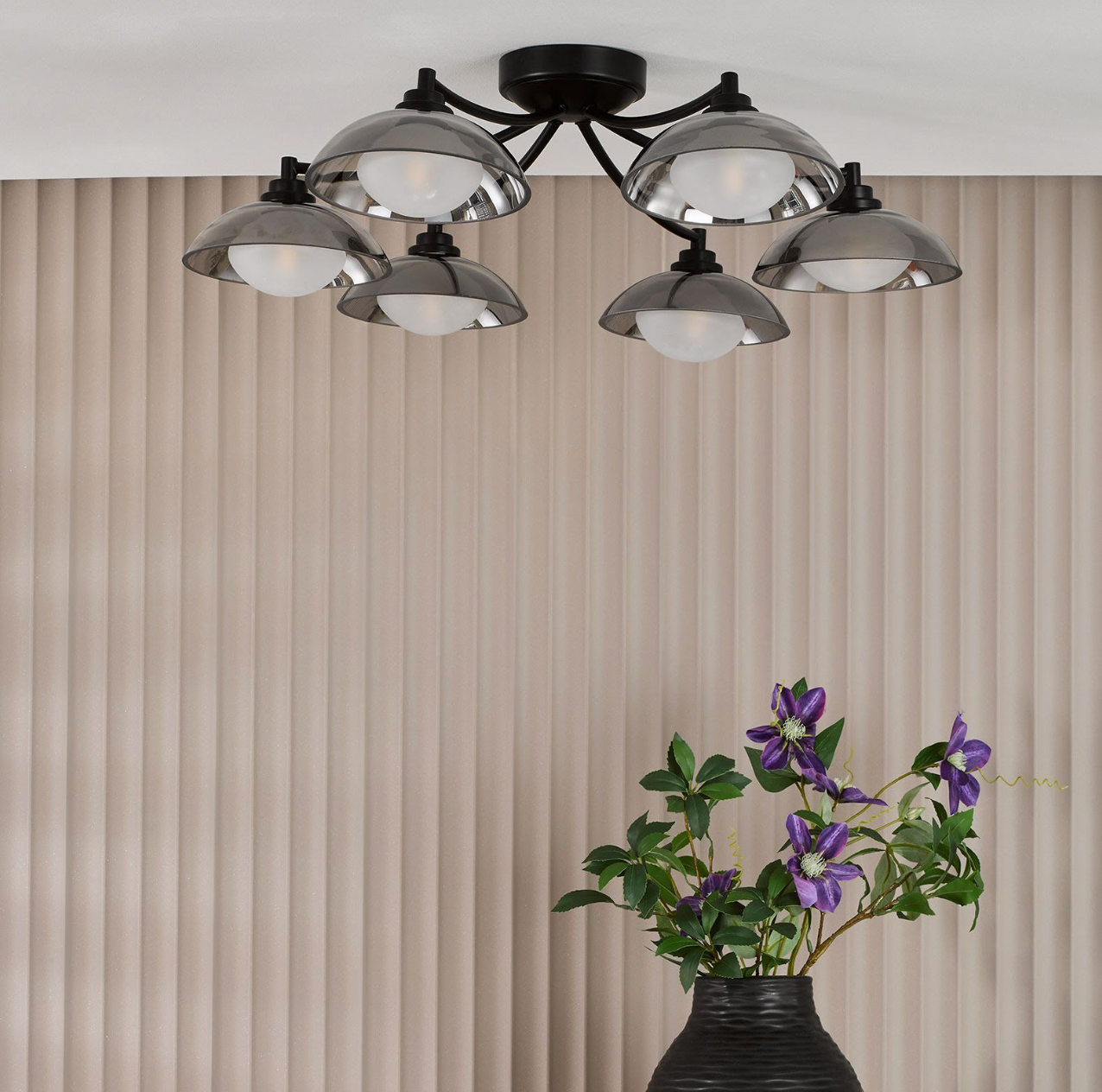 Kadience 6 Light Semi-Flush Satin Black and Smoked Glass