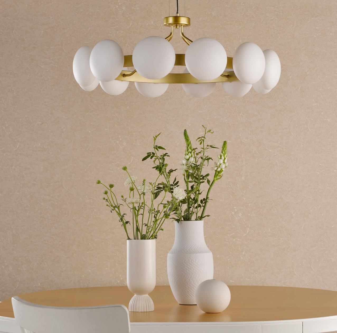 Tauri 12 Light Pendant Matt Gold and Opal Glass