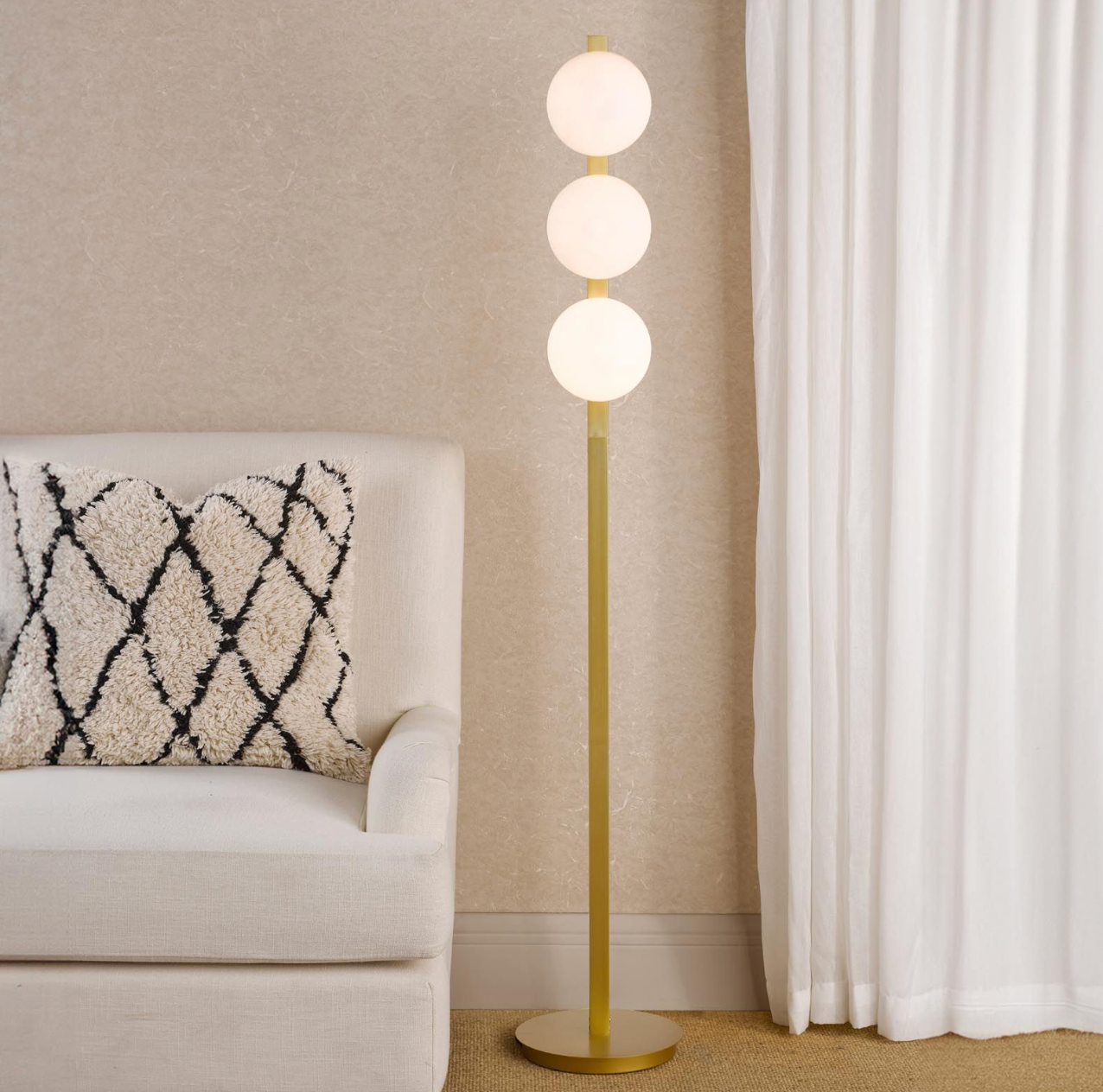Tauri 3 Light Floor Lamp Matt Gold and Opal Glass