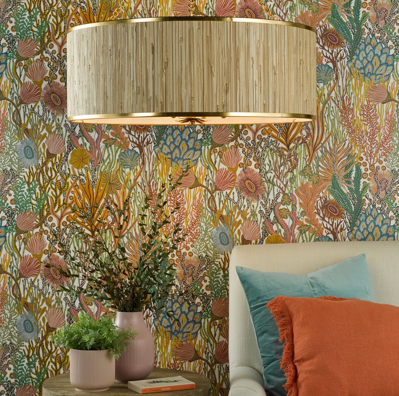 Fenella 8 Light Pendant Gold Leaf and Seagrass Shade