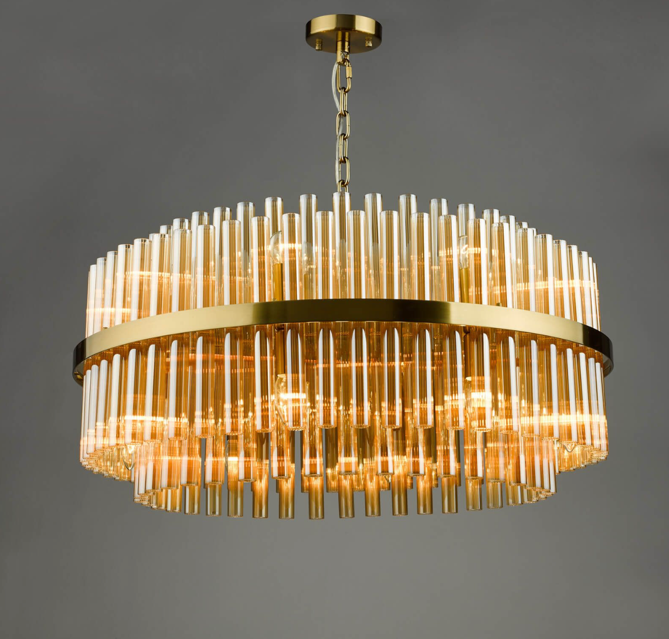 Imani 16 Light Pendant Natural Brass and Champagne Ribbed Glass