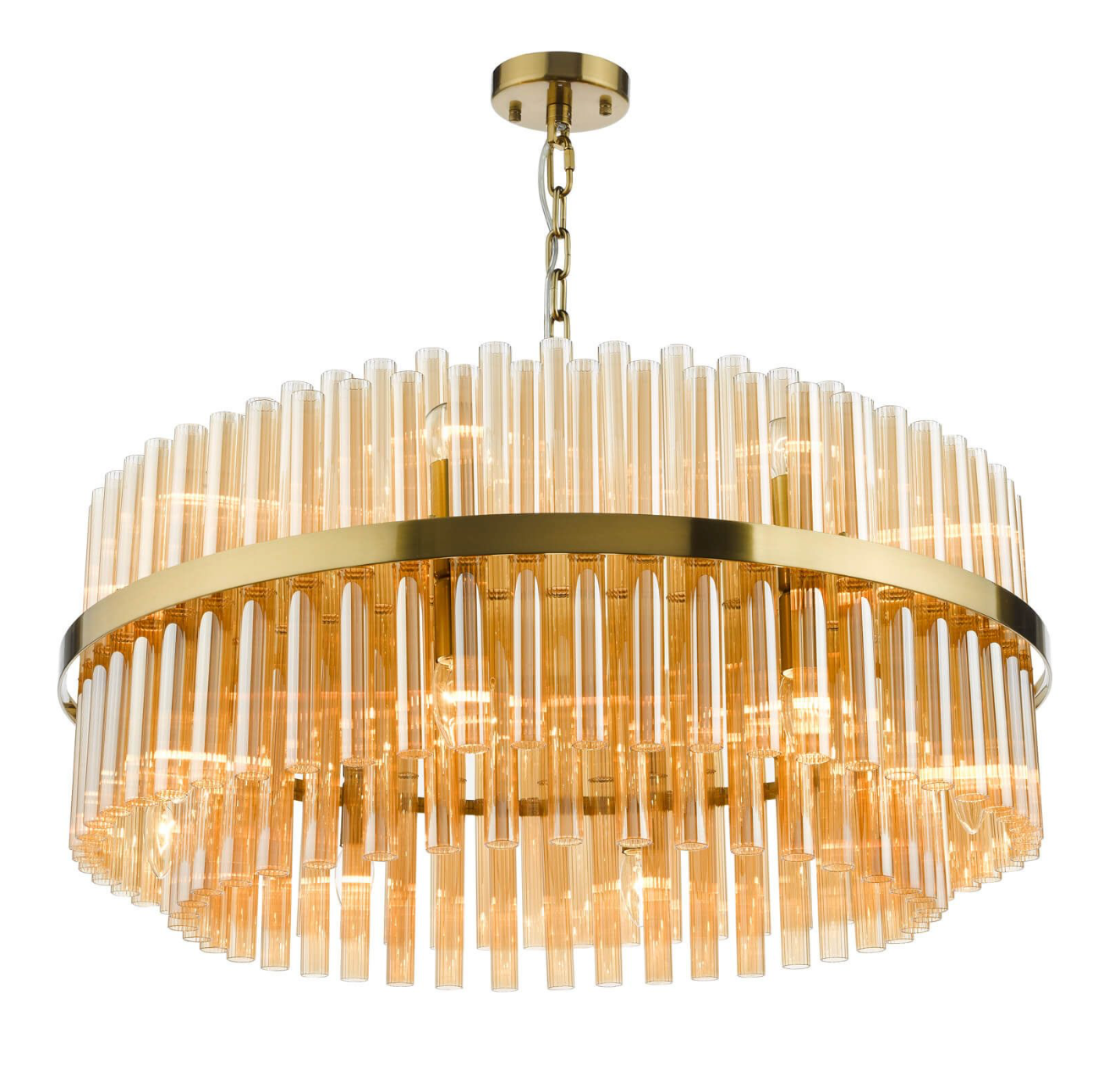 Imani 16 Light Pendant Natural Brass and Champagne Ribbed Glass