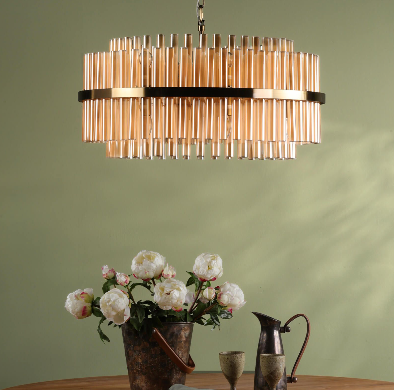 Imani 16 Light Pendant Natural Brass and Champagne Ribbed Glass
