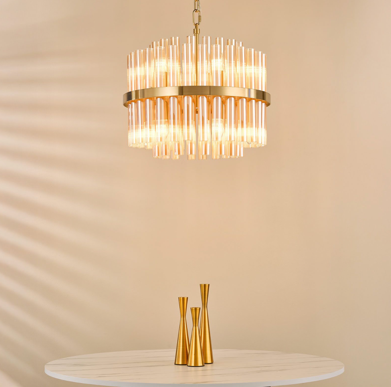 Imani 12 Light Pendant Natural Brass and Champagne Ribbed Glass