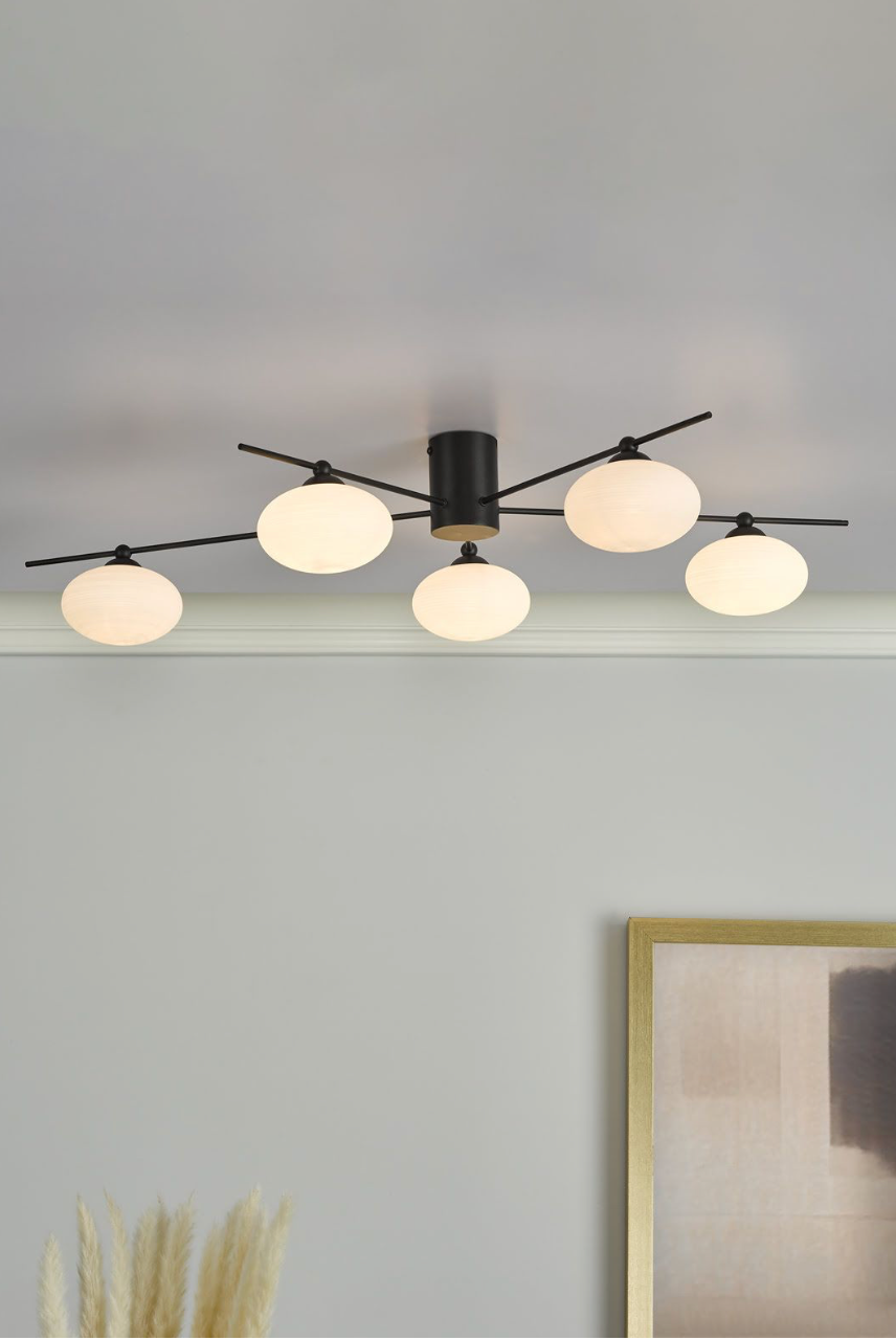 Jasper 5 Light Semi-Flush Matt Black and Opal Glass