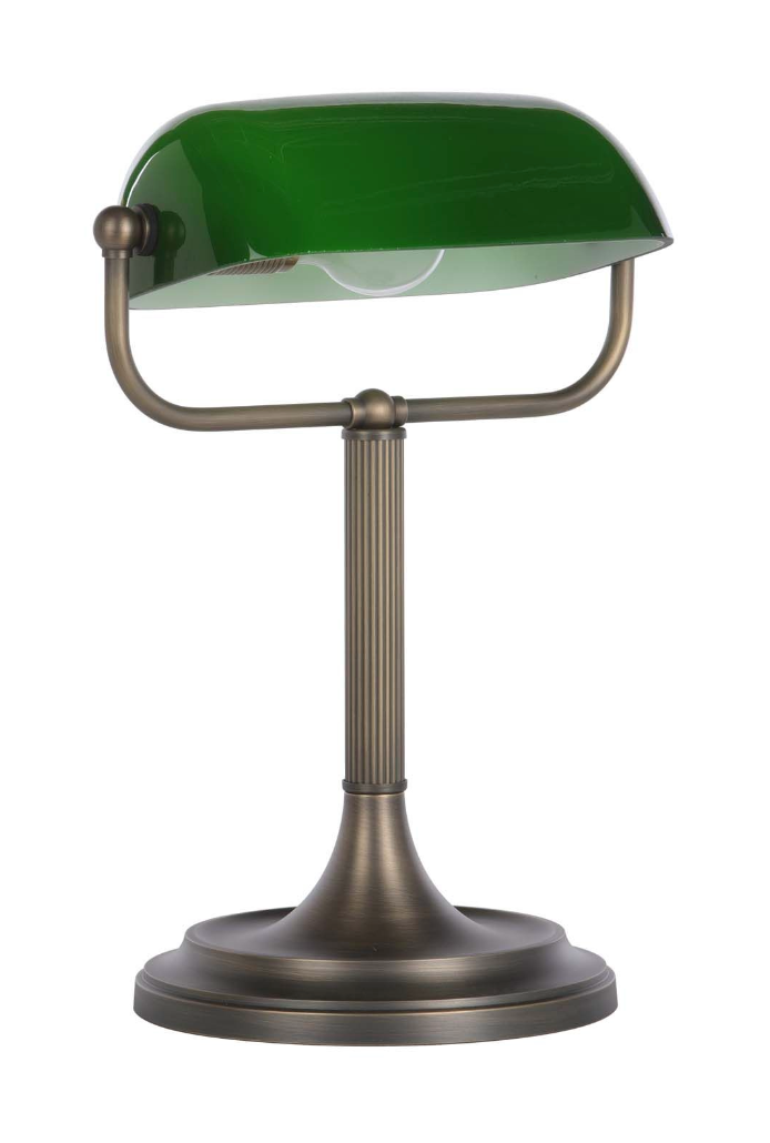 Bank Table Lamp Antique Brass and Green Glass