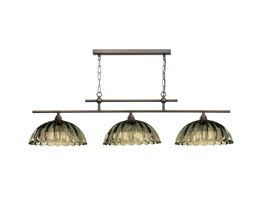 Mabel 3 Light Bar Pendant Antique Brass with Moss Glass