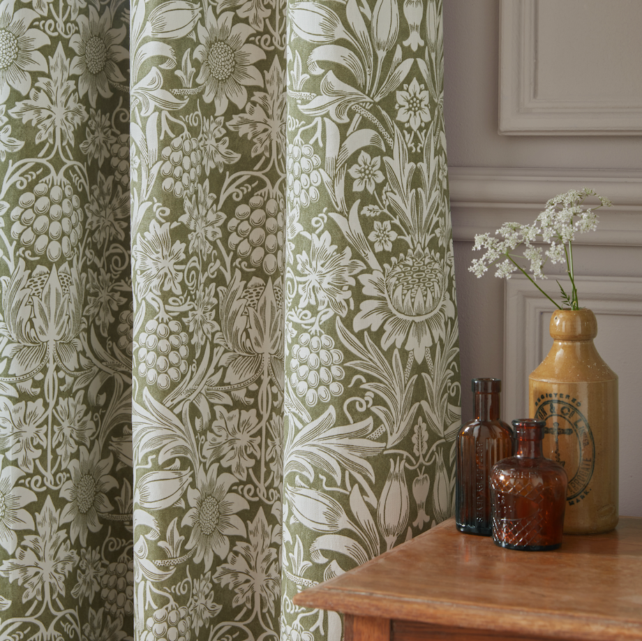 William Morris At Home Sunflower Dark Olive Blackout Pencil Pleat Curtain