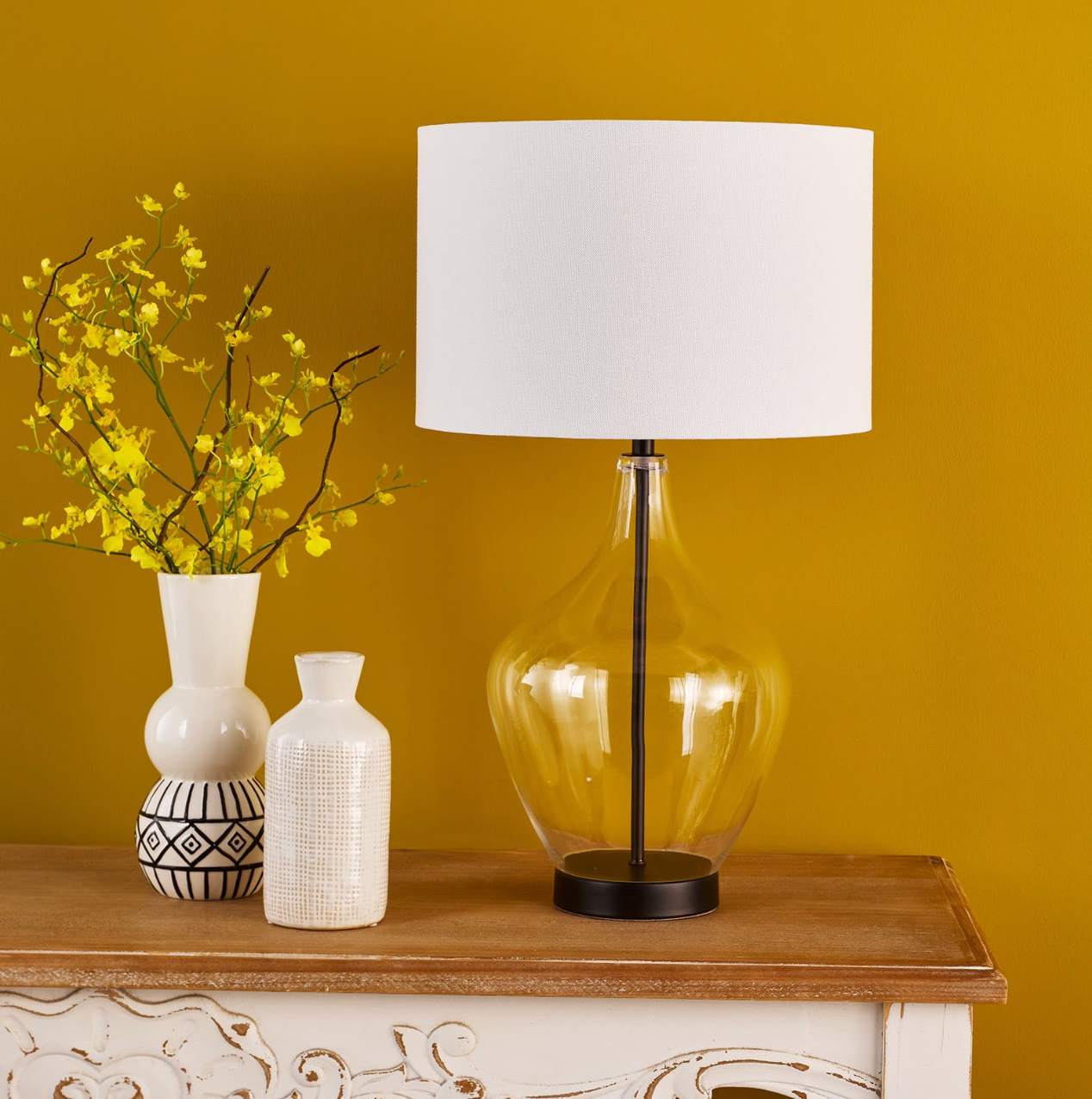 dar Lighting Drago Table Lamp Glass and Matt Black With Shade