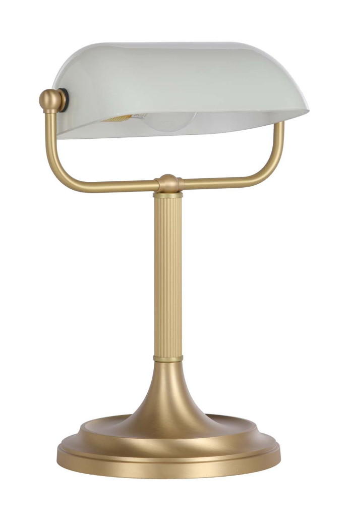 Bank Table Lamp Butter Brass and White Glass