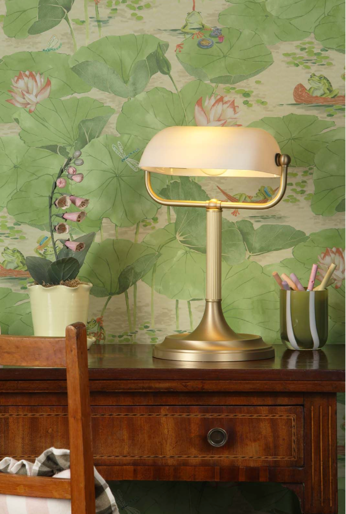Bank Table Lamp Butter Brass and White Glass