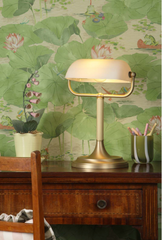Bank Table Lamp Butter Brass and White Glass